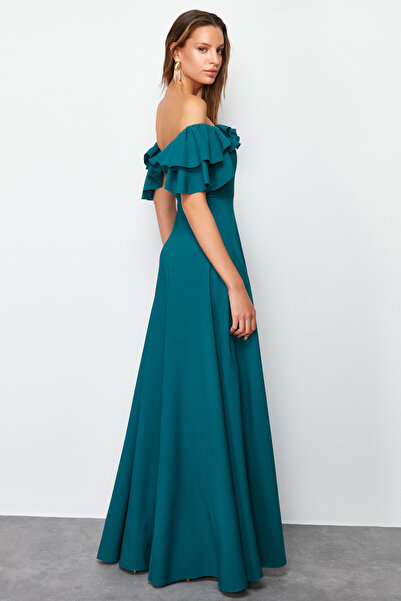 Trendyol Collection Σμαραγδένιο πράσινο Flounce A-Cut μακρύ βραδινό φόρεμα - TPRSS24AE00054