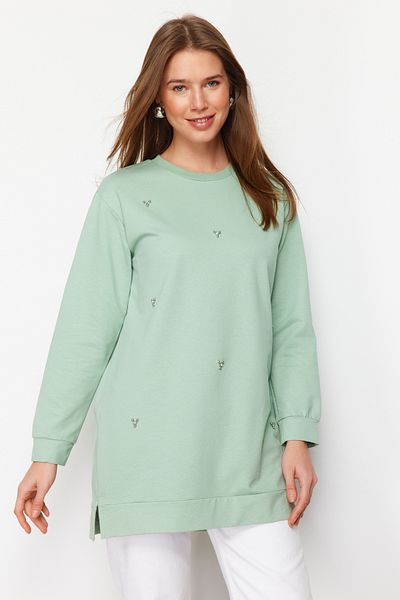 Trendyol Modest Mintgrüne Stricktunika mit Rundhalsausschnitt und Steindetail TCTSS22TN0072