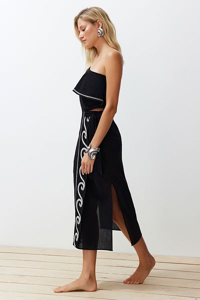 Trendyol Collection Black Woven Flounces Single Shoulder 100% Cotton Blouse Skirt Beach Suit Tbess24Au00009