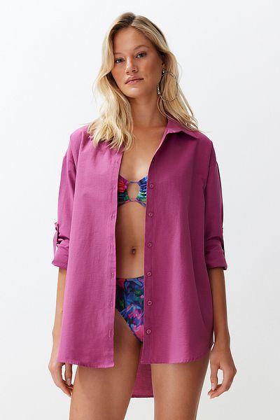 Trendyol Collection Pflaumenfarbenes, gewebtes Strandhemd TBESS22GO0664