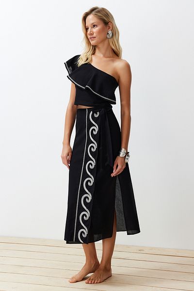 Trendyol Collection Black Woven Flounces Single Shoulder 100% Cotton Blouse Skirt Beach Suit Tbess24Au00009