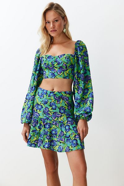 Trendyol Collection Floral Print Blouse and Beach Skirt Set with Balloon Sleeves - Tbess24Au00046