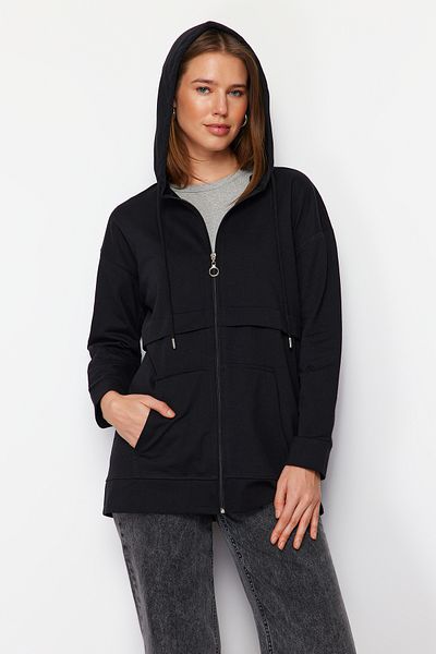 Trendyol Modest Black Hooded Zippered Knitted Sweatshirt Cardigan TCTAW22TW0035
