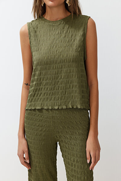 Trendyol Collection Khaki textúrájú, normál/normál szabású, nulla ujjú, rugalmas kötött blúz nadrág alsó-felső szett TWOSS24AU00032