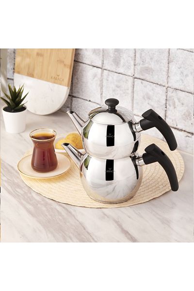 Karaca Adelya Mini-Teekannen-Set in Schwarz, Türkischer Teekocher, Wasserkocher, Teekanne