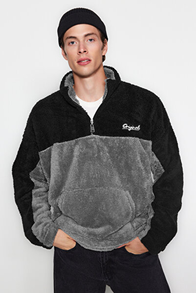 Trendyol Collection Black Unisex Plus Size Oversize/Wide Cut Color Block Embroidered Plush Sweatshirt TMNAW24AO00015