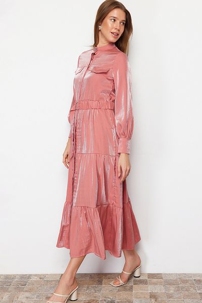 Trendyol Modest Αποξηραμένο τριαντάφυλλο, γυαλιστερή σατέν ζώνη, Λεπτομερές, υφαντό φόρεμα με φούστα TCTSS24EB00169