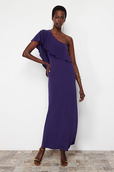Trendyol Collection Purple Waist Opening/Skater Knitted Elegant Evening Dress TPRSS24EL00096