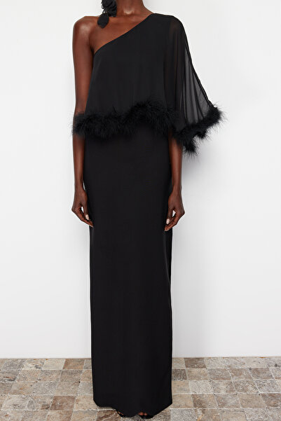 Trendyol Collection Černé prolamované dlouhé večerní šaty na tělo TPRSS24AE00004