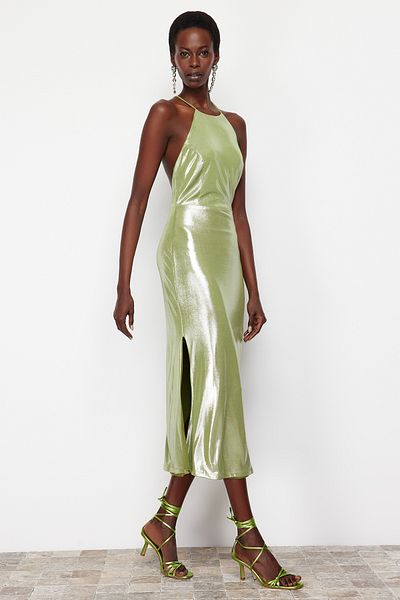 Trendyol Collection Ανοιχτό πράσινο μεταλλικό πλεκτό βραδινό φόρεμα νυχτερινό φόρεμα αποφοίτησης TPRSS24EL00066