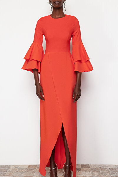 Trendyol Collection Gránátalma virág lendkerék részletes szőtt hosszú elegáns estélyi ruha TPRSS24AE00005