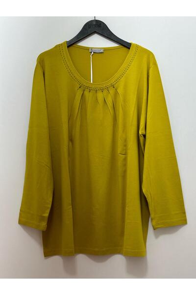 Desen Triko Women's Crew Neck Long Sleeve Pleated Detail Combed Cotton Blouse