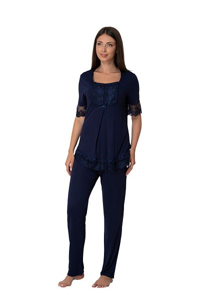 by İGP Effortt Navy Blue Cotton Maternity Pajamas Set with Dressing Gown