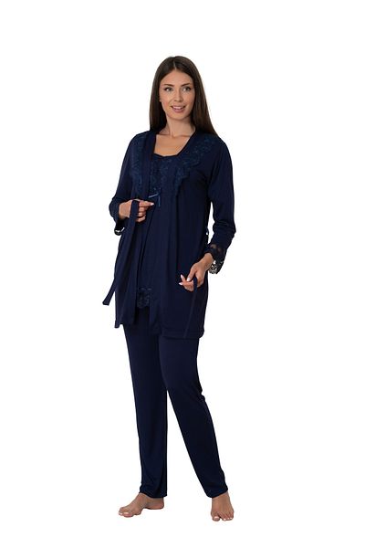 by İGP Effortt Navy Blue Cotton Maternity Pajamas Set with Dressing Gown