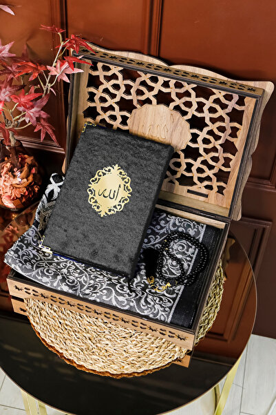 Hac Umre Hediyelik Kuran Seti Rahleli Ahşap Kuran Standı Kadife Kuran İnci Te...