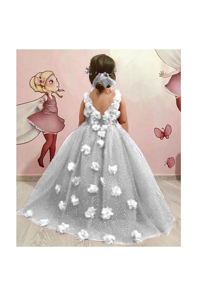miço kids Βραδινό φόρεμα για κορίτσια με λουλούδια λευκό κρύσταλλο τούλι