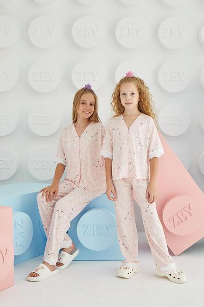 Sevim Costum Pijama Fata Ospatar mânecă scurtă Nasturi Fata C0T3N68