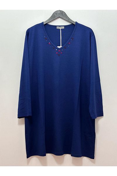 Desen Triko Women's V-Neck Three-Quarter Sleeve Collar Embroidered Combed Cotton Blouse