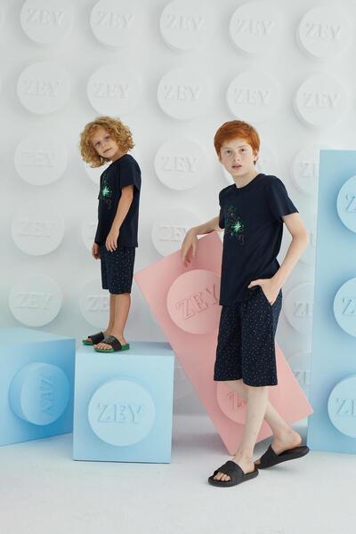 Sevim Чоловічий офіціант короткий рукав 3-х частинний темно-синій піжамний комплект C2T6N68