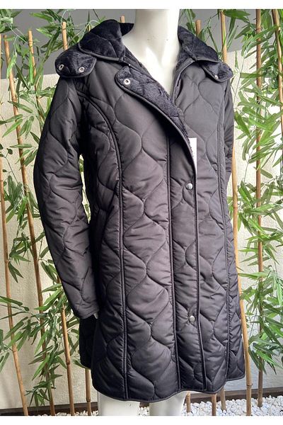 VETRE Women's Large Size Hooded 95 Cm Drop Pattern Black Quilted Coat 1007
