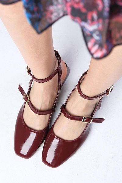 Mio Gusto Audrey Burgundy Color Patent Leather Open Back Short Heeled Women's Shoes