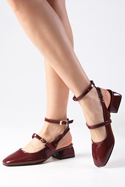 Mio Gusto Audrey Burgundy Color Patent Leather Open Back Short Heeled Women's Shoes