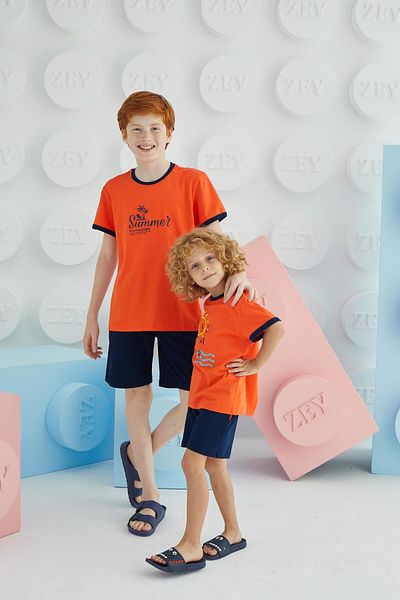 Sevim Boy's Short Sleeve Orange Shorts Set C7T5N68
