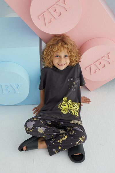 Sevim Boy's Short Sleeve Anthracite Pajamas Set C9T5N68