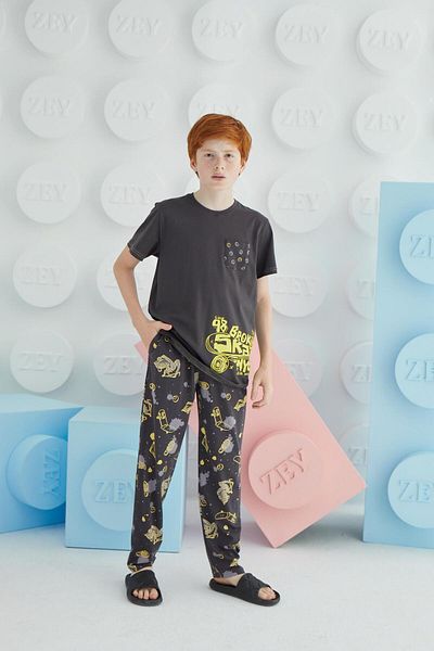 Sevim Boy's Short Sleeve Anthracite Pajamas Set C9T5N68