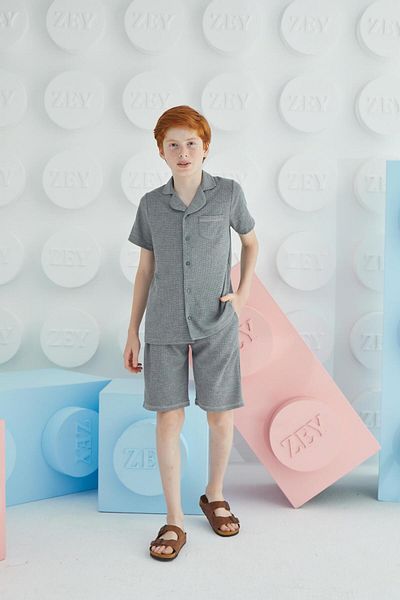 Sevim Men's Waiter Short Sleeve Front Buttoned Gray with Melange Shorts Pajamas Suit C0T2N68