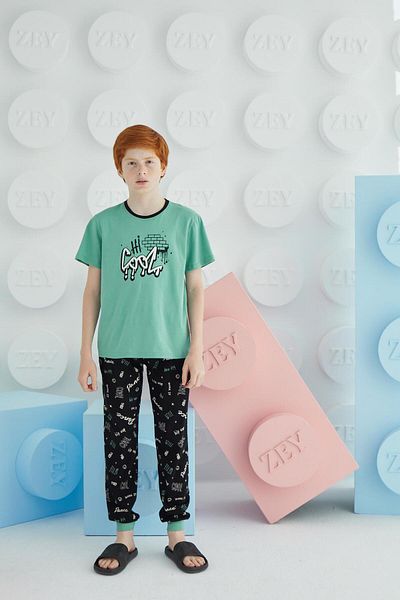 Sevim Boy's Short Sleeve Green Pajamas Suit C3T5N68