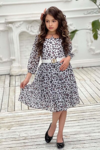 Riccotarz Girl's Baby Collar Leopard Patterned Pleated White Dress with Belt