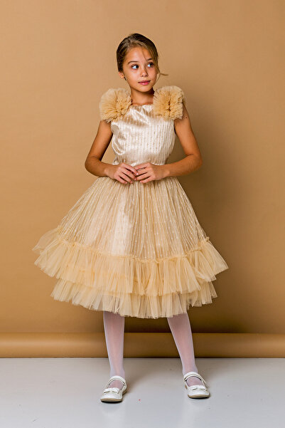 Daisy Ponponlu simli tüllü kız çocuk abiye elbise