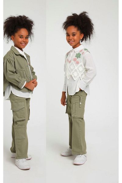 Escabel Straight Leg Girl's Trousers with Cargo Pocket and Belt