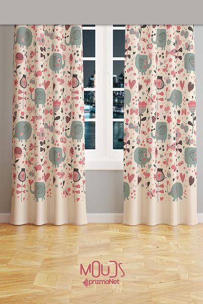 Moud's Sweet Elephant Patterned Background Curtain Children's and Baby's Room Suede Printed Extrafor Drawstring 2 Wings PRD-55