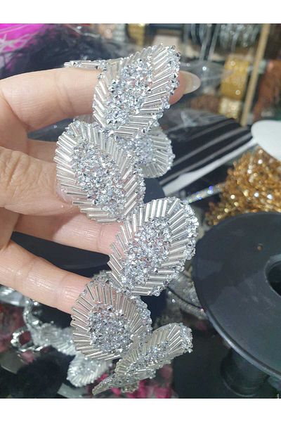 ESRA ŞELEM Iron-On Silver Color Leaf Pattern Stone Decorative Strip Accessory