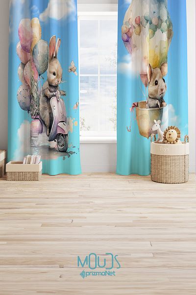 Moud's Rabbit and Mouse Patterned Background Curtain Children's and Baby's Room Suede Printed Extrafor Drawstring 2 Wings PRD-67