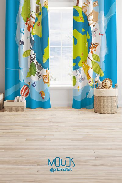 Moud's World Animals Patterned Background Curtain Children's and Baby's Room Suede Printed Extrafor Drawstring 2 Wings PRD-66