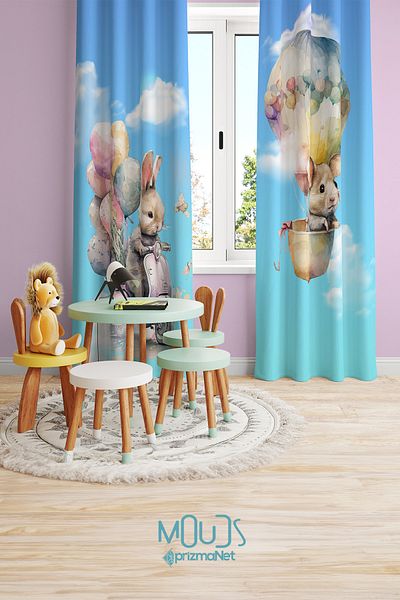 Moud's Rabbit and Mouse Patterned Background Curtain Children's and Baby's Room Suede Printed Extrafor Drawstring 2 Wings PRD-67