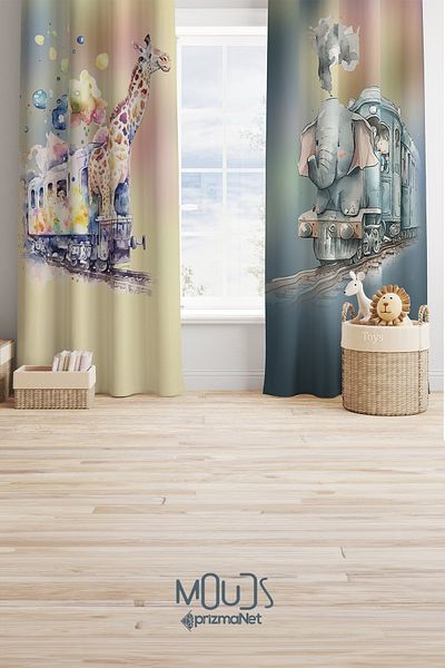 Moud's Elephant and Giraffe Patterned Background Curtain Children's and Baby's Room Suede Printed Extrafor Drawstring 2 Wings PRD-65