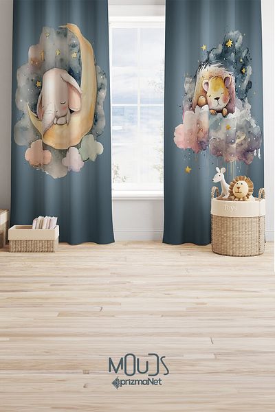 Moud's Sleepy Elephant Lion Patterned Background Curtain Children's and Baby's Room Suede Printed Extrafor Drawstring 2 Wings PRD-64