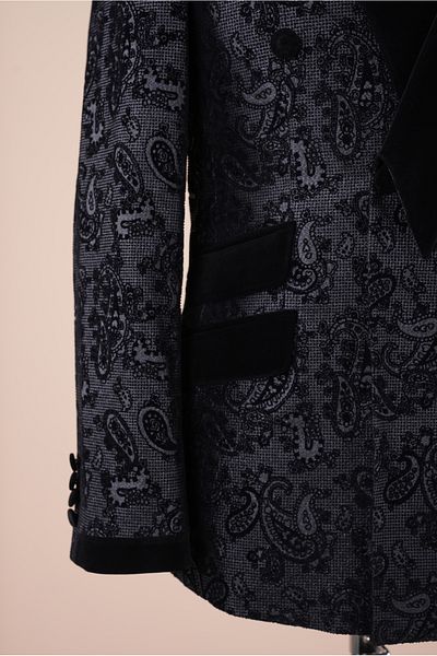 LONATOLİA Men's Jacquard Patterned Double-breasted Groom Suit Slim fit Italian Style Jacket Trousers Bow Tie-Black