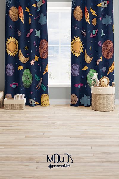 Moud's Galaxy Patterned Background Curtain Children's and Baby's Room Suede Printed Extrafor Drawstring 2 Sash PRD-72
