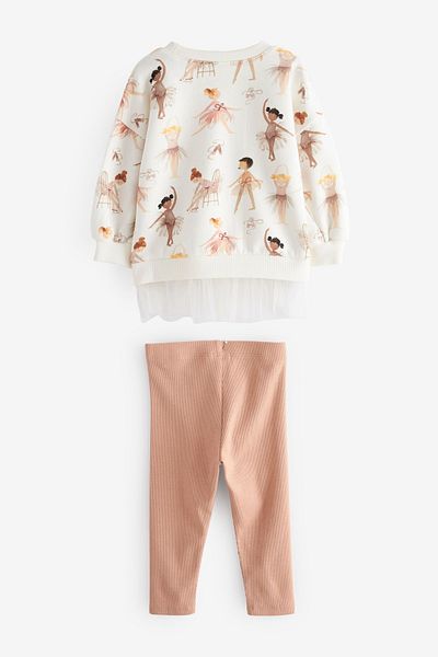 Next Baby Cotton Ballerina Patterned Sweatshirt Tights Top and Bottom Set