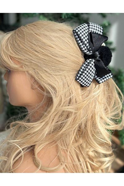 QUEEN AKSESUAR luxury large double-sided with rhinestones fancy houndstooth bow plush bear clip buckle black white