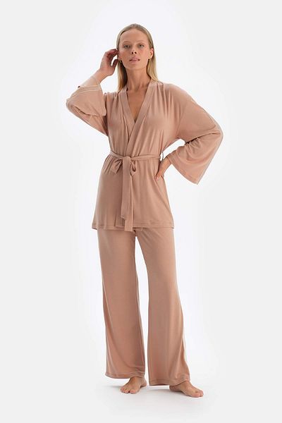 Dagi Basic Morning Gown - Ανοιχτό καφέ με λεπτομέρεια γραβάτας
