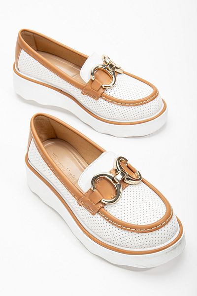 Tonny Black Women's White Tan Comfortable Fit Front Buckle Thick Sole Loafer