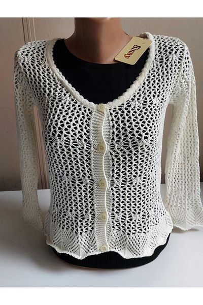 SİNAY TRİKO Women's Hollowed-Out Floral Patterned Short Seasonal Trend Cardigan