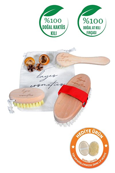 Layes Doğal Ve Vegan Tırnak Fırçası + At Kılı Selülit Fırçası + At Kılı Yüz F...
