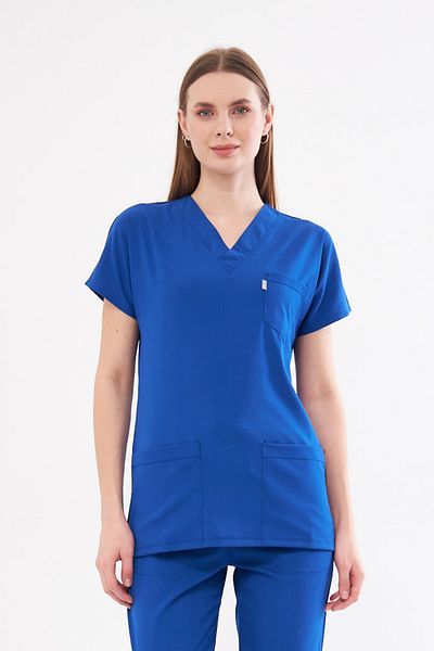 Class Üniforma Scrubs unisex Saks Blue Bat Sleeve Lycra pentru asistentă și doctor